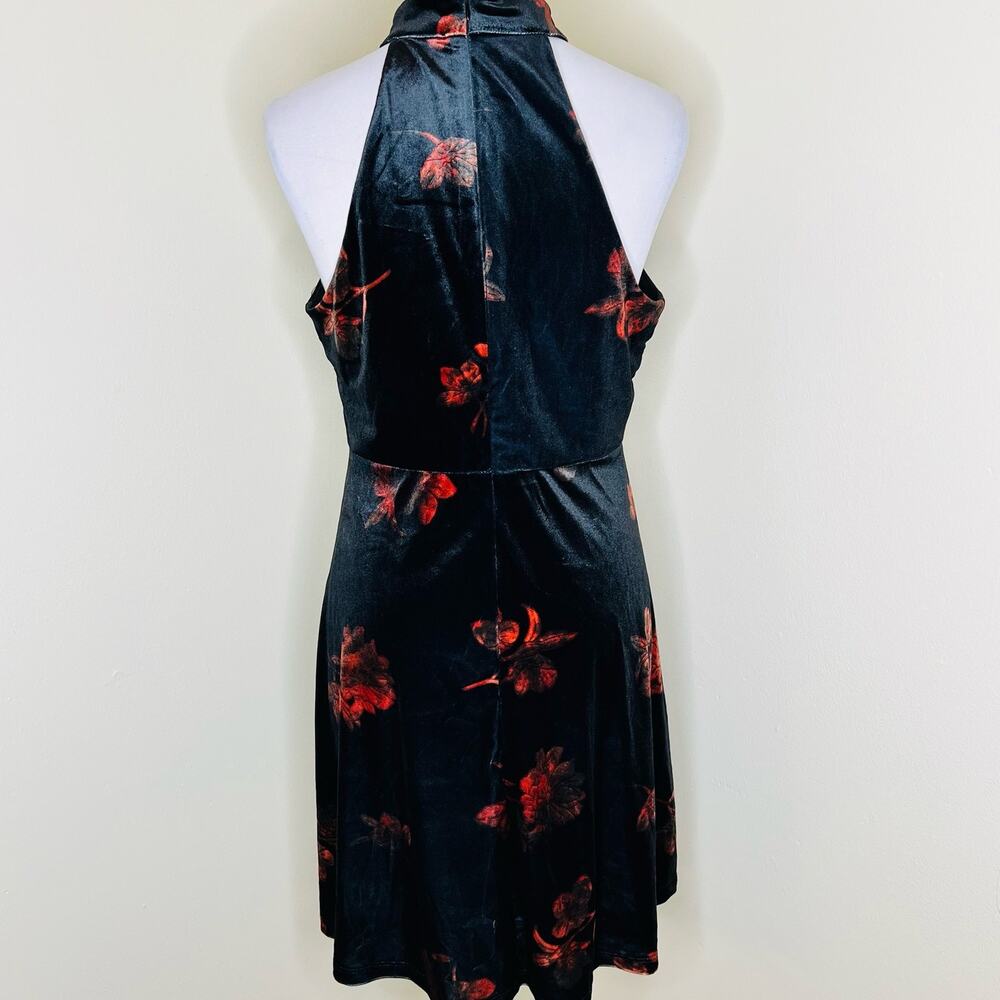 VENUS Dress Large Black Velvet Cutout Choker V-Neck Plunge Floral Mini Halter - Picture 6 of 8